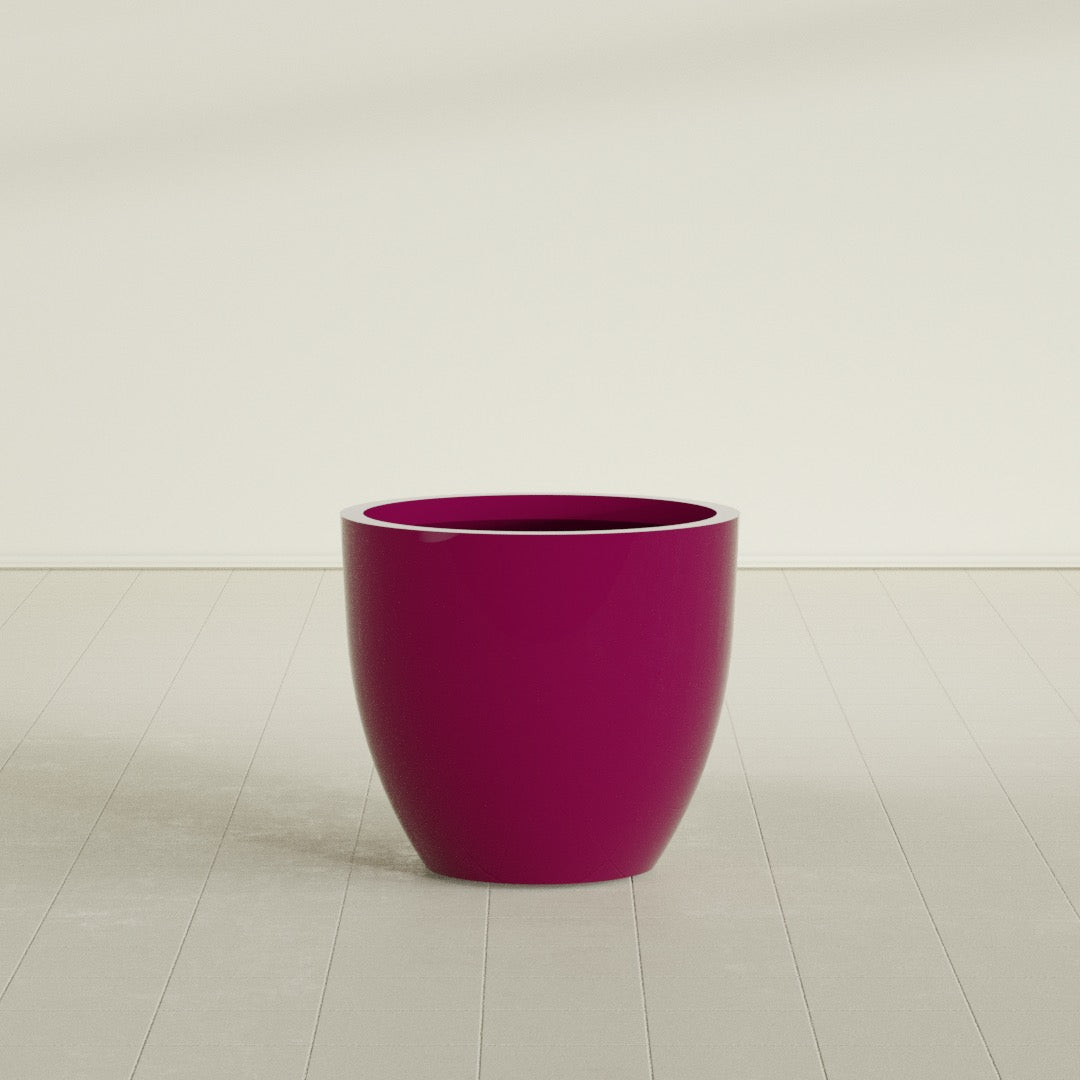 Wannsee Round Planter in Gloss Eggplant, 33"D × 29"H, shown empty