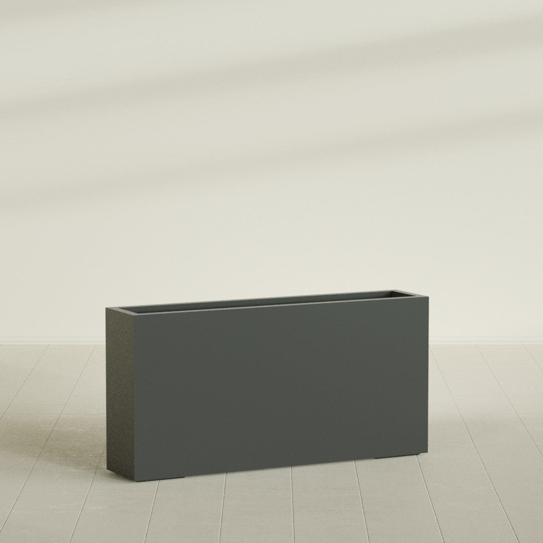 Milano Narrow Rectangular Planter in Matte Charcoal, 48"L × 10"D × 24"H, shown empty