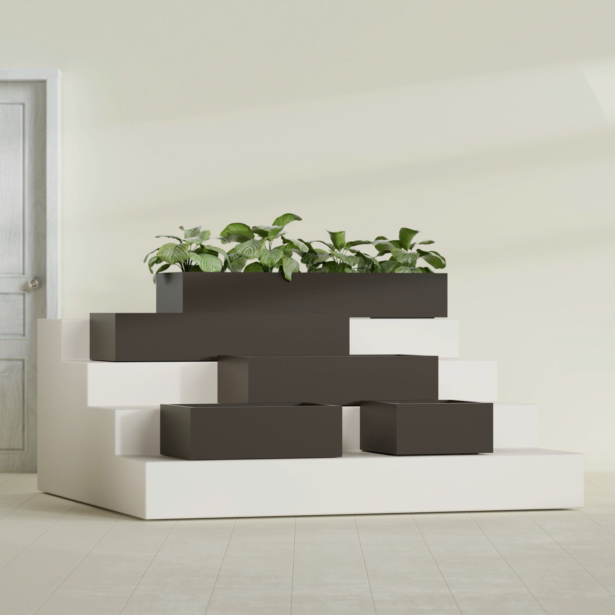 Antwerp Rectangular fiberglass planter in Matte Dark Brown, size range, in a sunlit interior