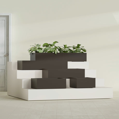 Antwerp Rectangular fiberglass planter in Matte Dark Brown, size range, in a sunlit interior