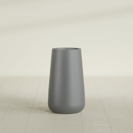 Saigon Tapered Round Planter in Matte Gunmetal, 16"D × 36"H, shown empty