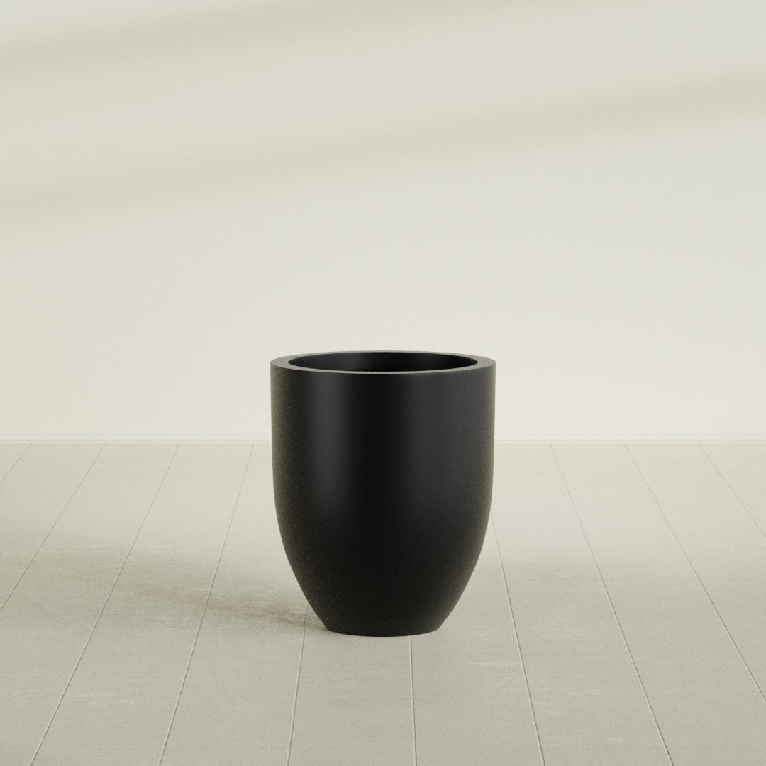Valencia Tapered Round Planter in Matte Black, 20"D × 23"H, shown empty