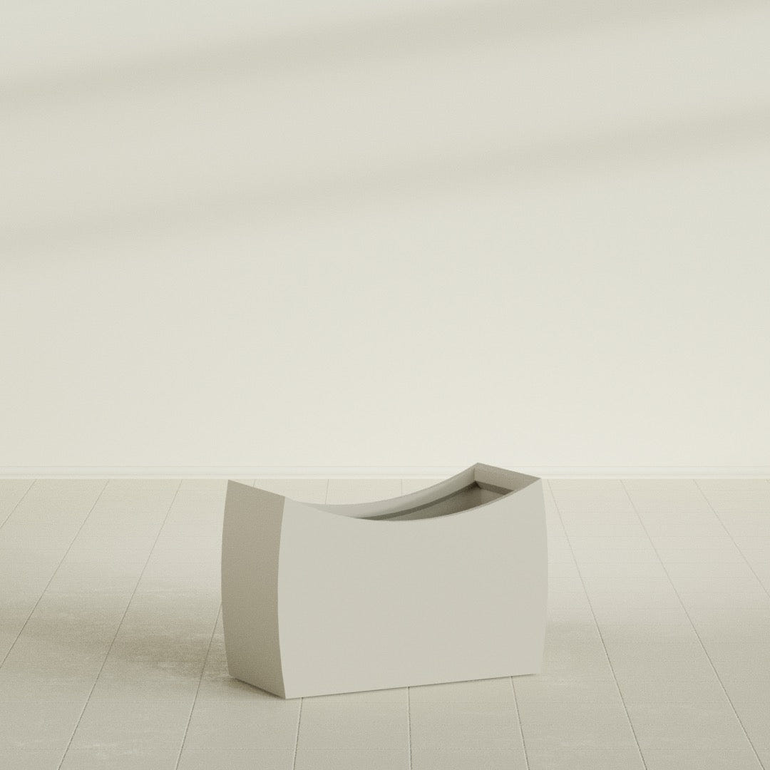 Seoul Curved Planter in Satin Beige, 36"L × 16"D × 24"H, shown empty