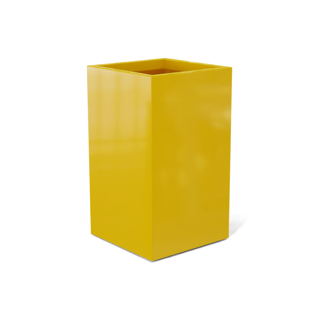 Darwin corner fiberglass planter in Gloss Saffron, 24 × 24 × 42 in, studio render