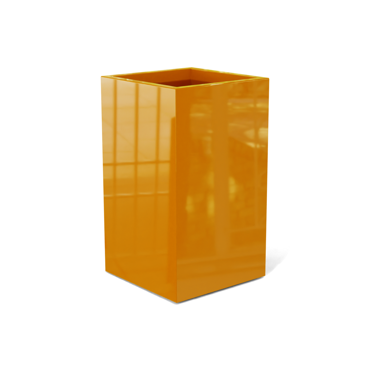 Darwin corner fiberglass planter in Gloss Tangerine, 24 × 24 × 42 in, studio render