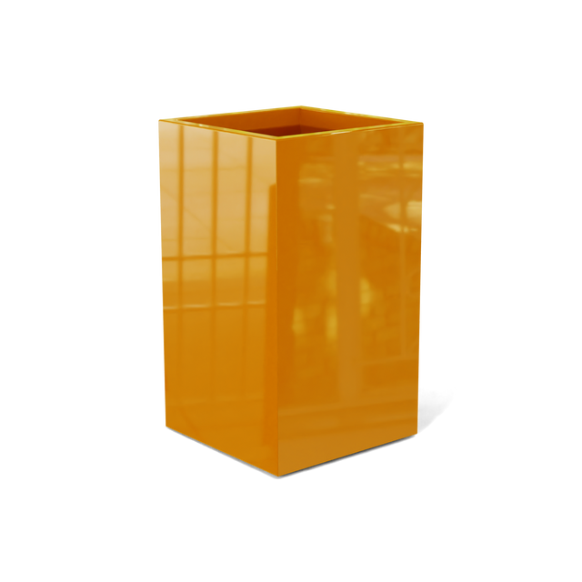 Darwin corner fiberglass planter in Gloss Tangerine, 24 × 24 × 42 in, studio render