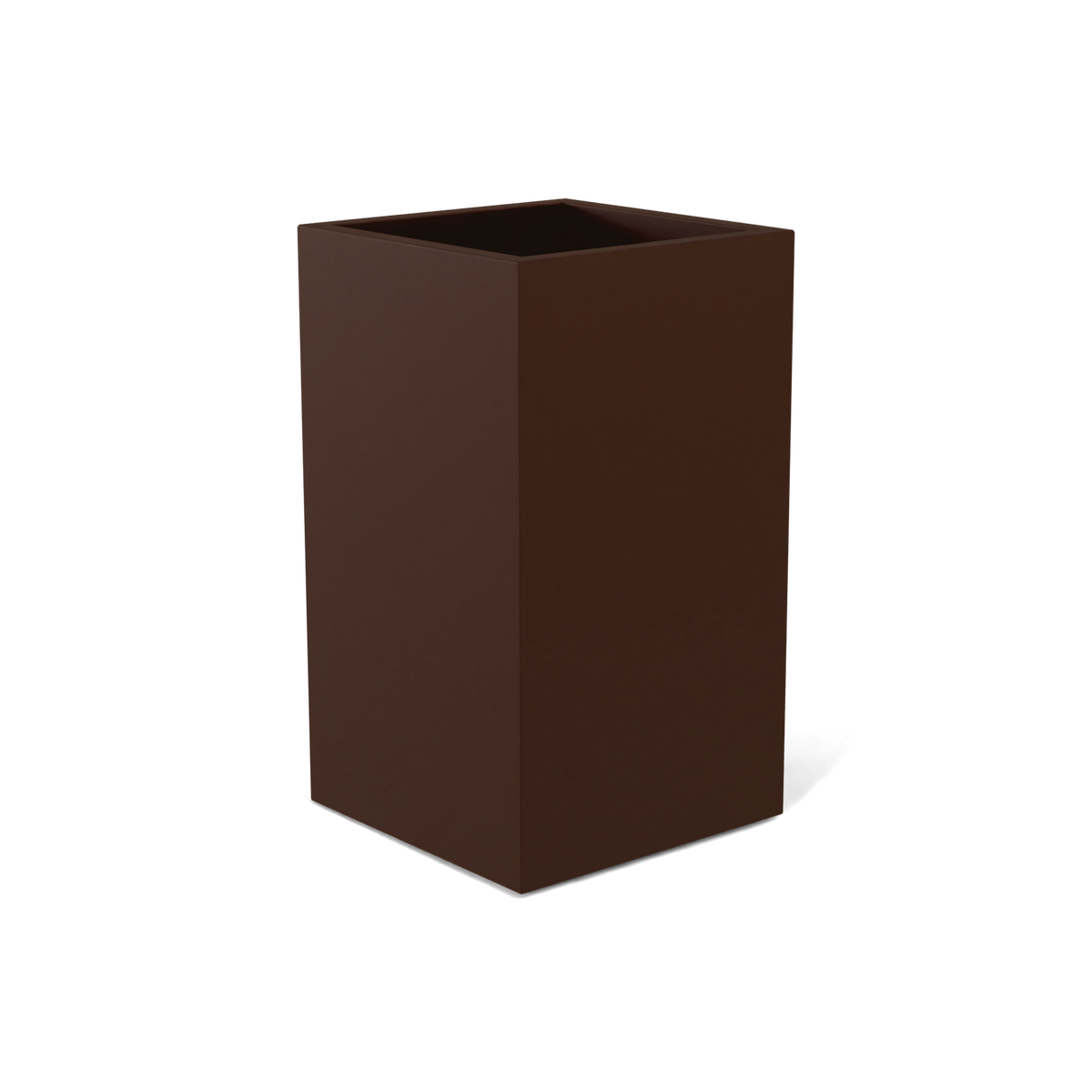 Darwin corner fiberglass planter in Matte Dark Brown, 24 × 24 × 42 in, studio render