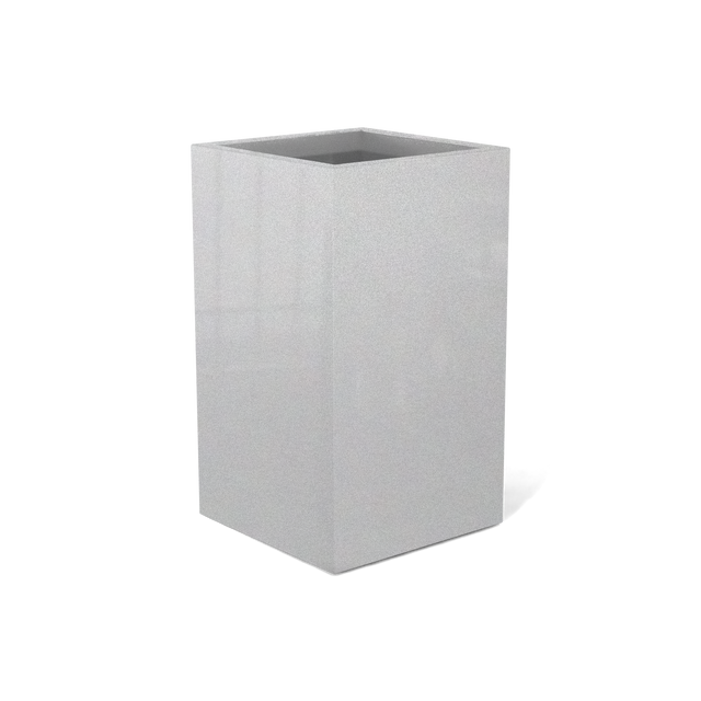 Darwin corner fiberglass planter in Metallic Silver, 24 × 24 × 42 in, studio render