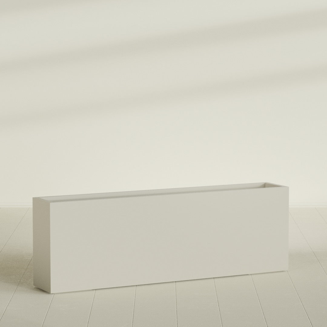 Hollywood Narrow Rectangular Planter in Satin Beige, 72"L × 12"D × 24"H, shown empty