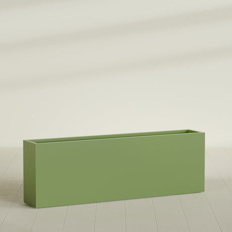 Hollywood Narrow Rectangular Planter in Satin Green, 72"L × 12"D × 24"H, shown empty