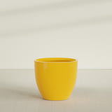 Wannsee Round Planter in Gloss Saffron, 44"D × 39"H, shown empty
