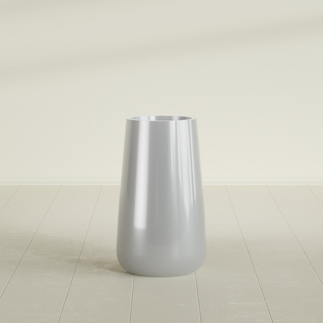 Saigon Tapered Round Planter in Metallic Silver, 16"D × 36"H, shown empty