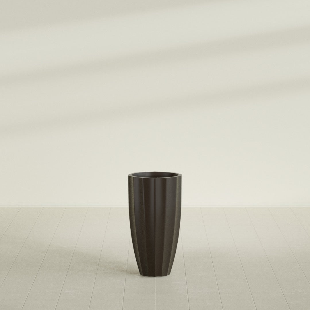 San Jose Tall Fluted Planter in Matte Dark Brown, 16"D × 30"H, shown empty