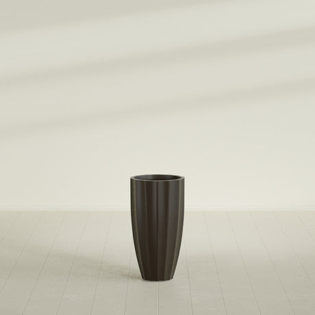 San Jose Tall Fluted Planter in Matte Dark Brown, 16"D × 30"H, shown empty