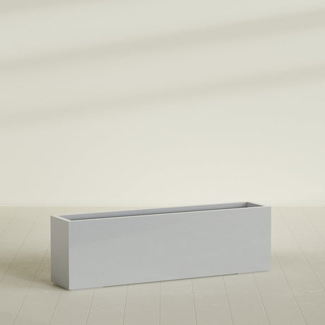 Miami Narrow Rectangular Planter in Metallic Silver, 60"L × 12"D × 18"H, shown empty
