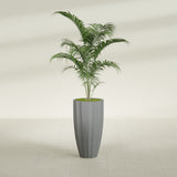 San Jose Tall Fluted fiberglass planter in Matte Gunmetal, shown planted, in a sunlit interior