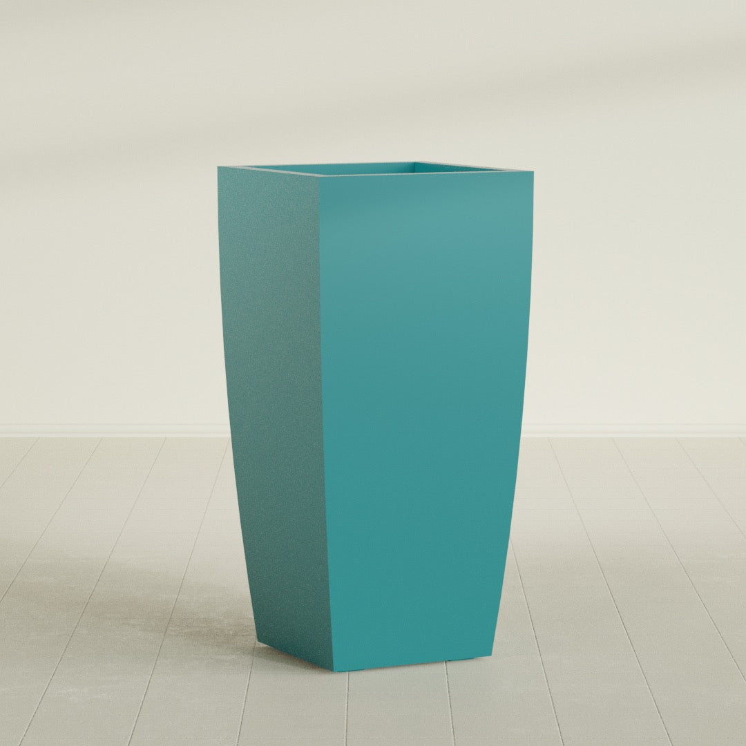 Toulan Tapered Square Planter in Satin Seafoam Green, 23"W × 48"H, shown empty