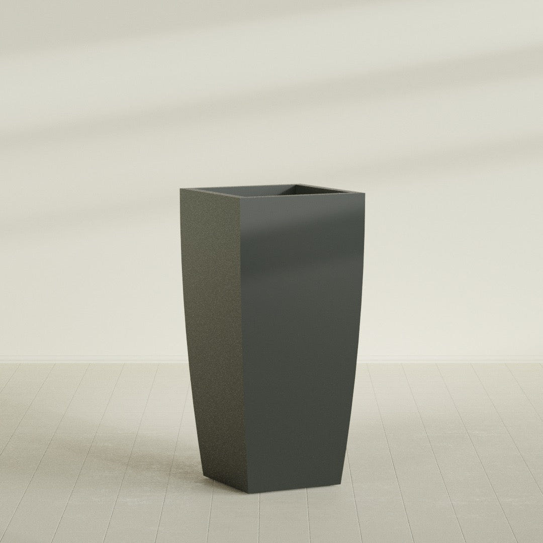 Toulan Tapered Square Planter in Matte Charcoal, 28"W × 60"H, shown empty