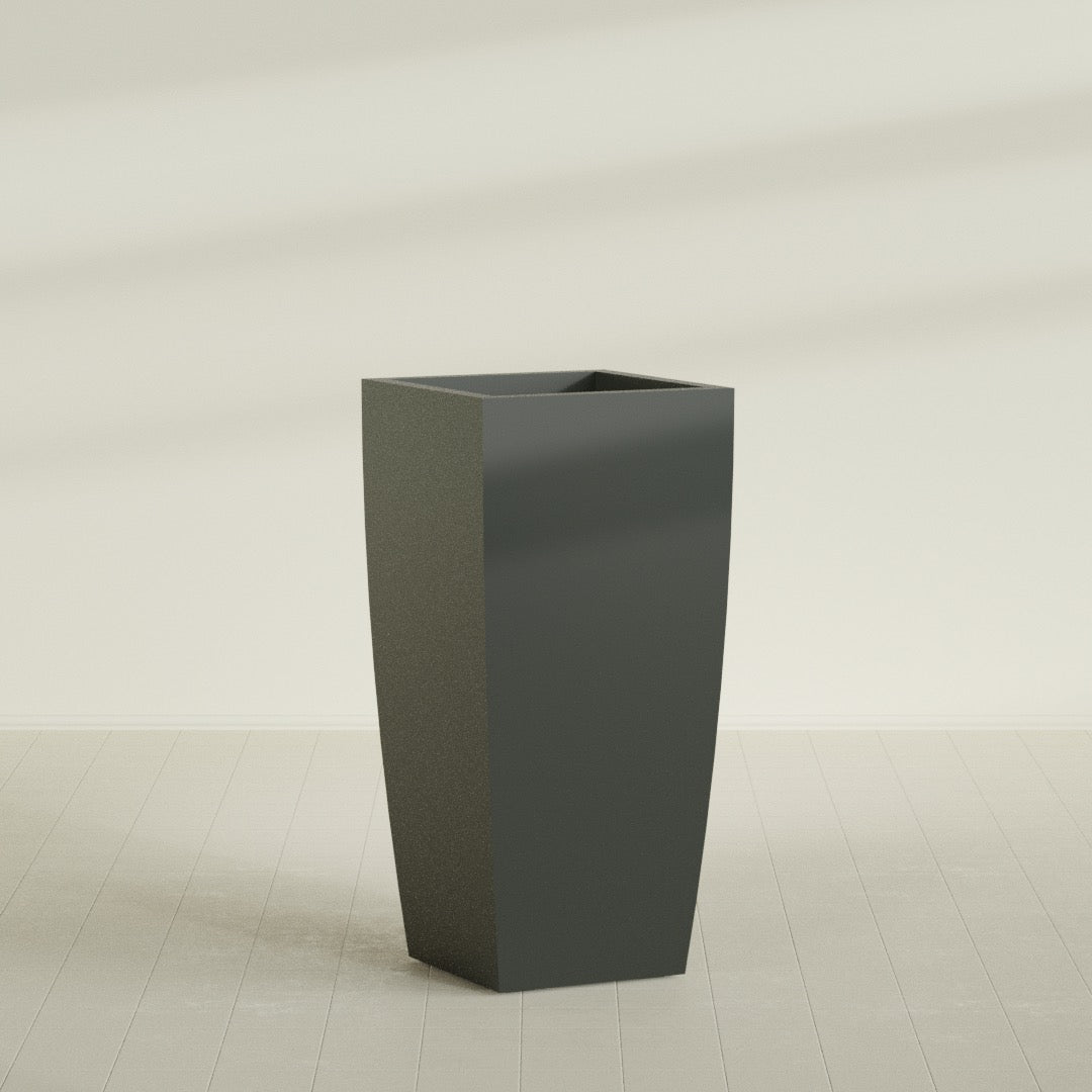 Toulan Tapered Square Planter in Matte Charcoal, 28"W × 60"H, shown empty