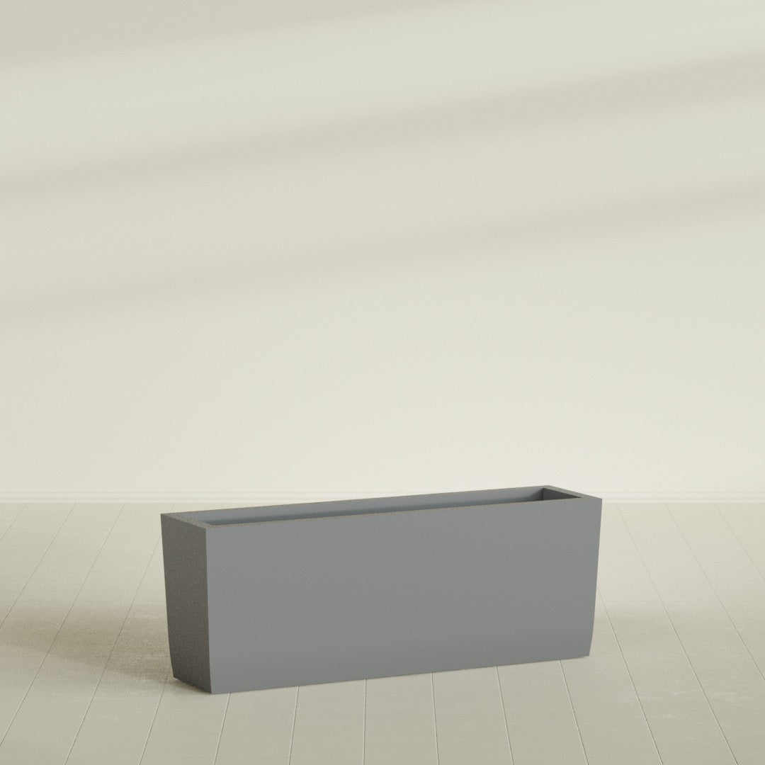 Panama Tapered Rectangular Planter in Matte Gunmetal, 48"L × 12"D × 18"H, shown empty