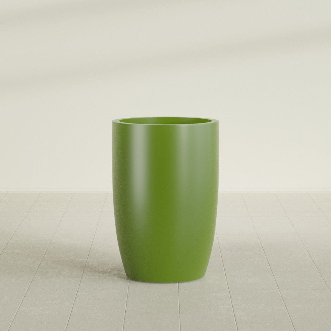 Lisbon tall round tapered fiberglass planter in Satin Green, 24 in diameter, 36 in high, shown empty
