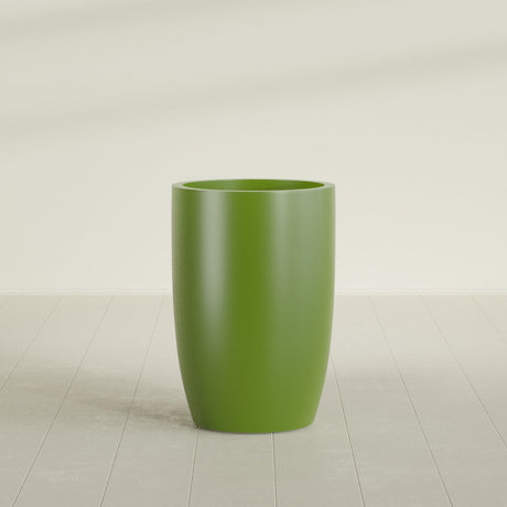 Lisbon tall round tapered fiberglass planter in Satin Green, 24 in diameter, 36 in high, shown empty