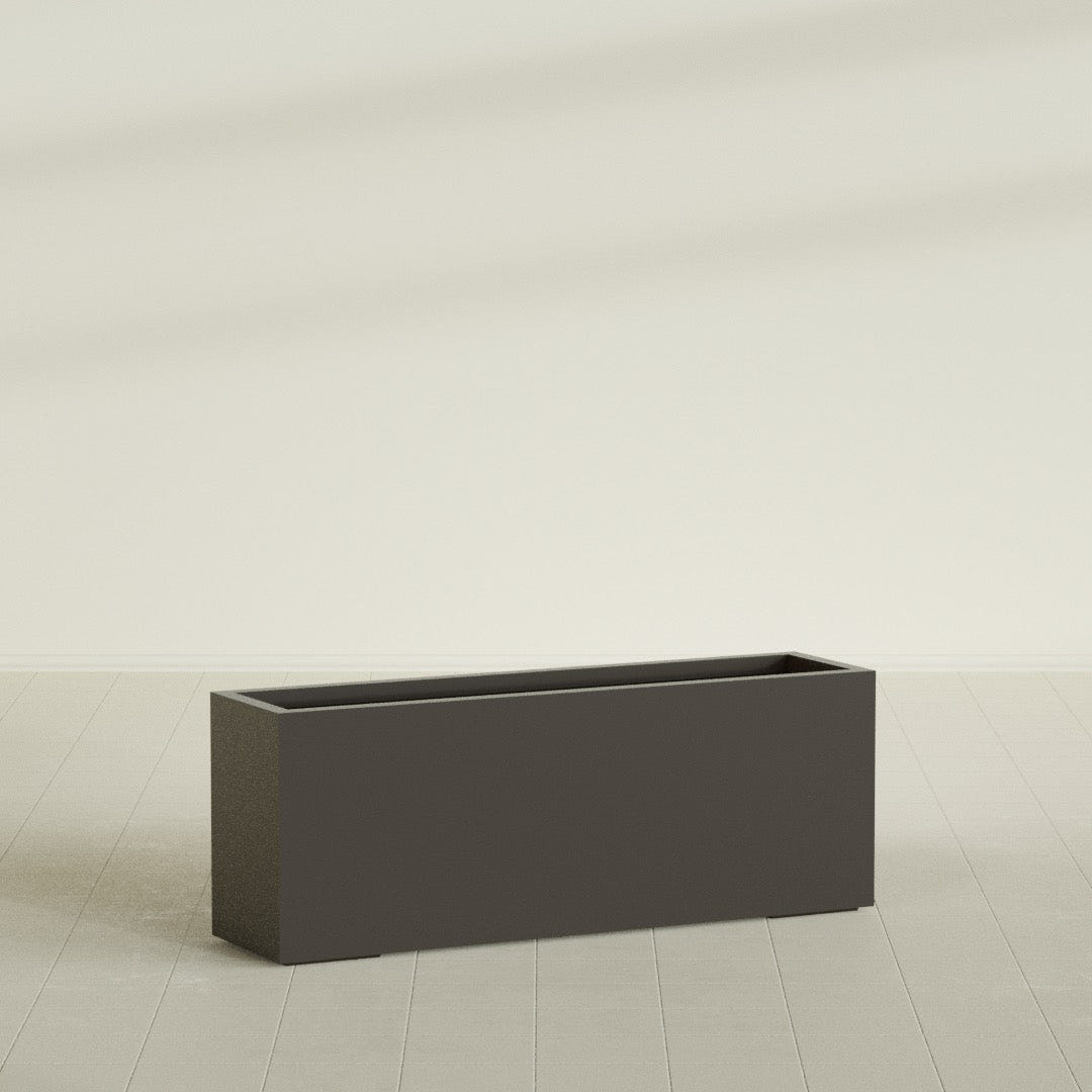 Miami Narrow Rectangular Planter in Matte Dark Brown, 48"L × 12"D × 18"H, shown empty