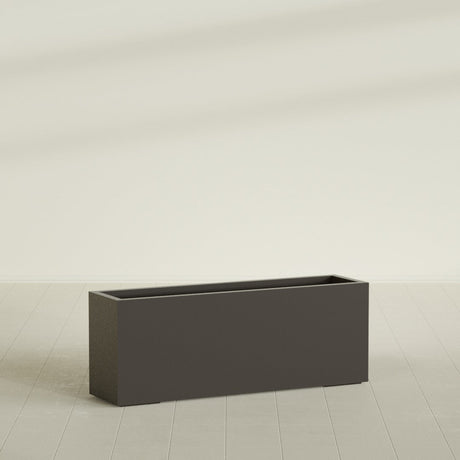 Miami Narrow Rectangular Planter in Matte Dark Brown, 48"L × 12"D × 18"H, shown empty
