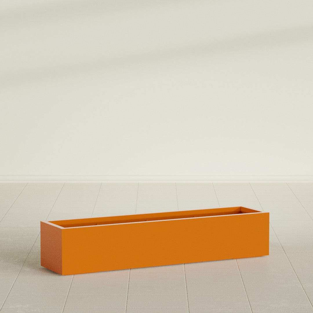 Cuba Low Rectangular Planter in Gloss Tangerine, 60"L × 14"D × 12"H, shown empty