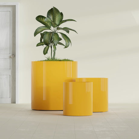 Rio Grande Cylinder fiberglass planter in Gloss Saffron, size range, in a sunlit interior
