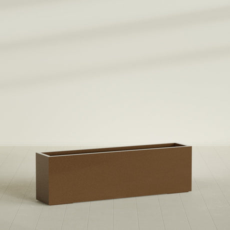 Miami Narrow Rectangular Planter in Metallic Bronze, 60"L × 12"D × 18"H, shown empty