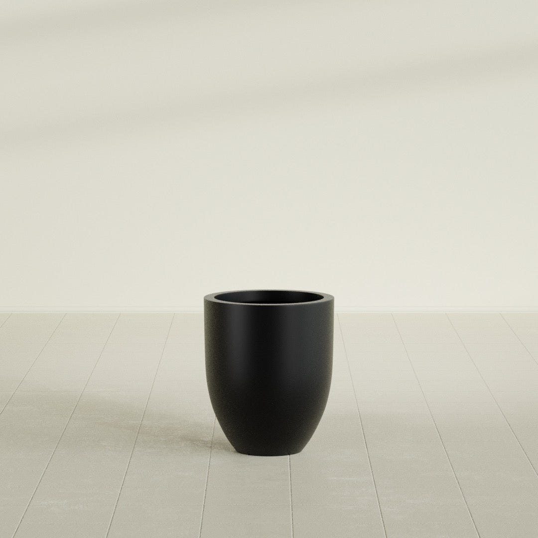 Valencia Tapered Round Planter in Matte Black, 15"D × 18"H, shown empty
