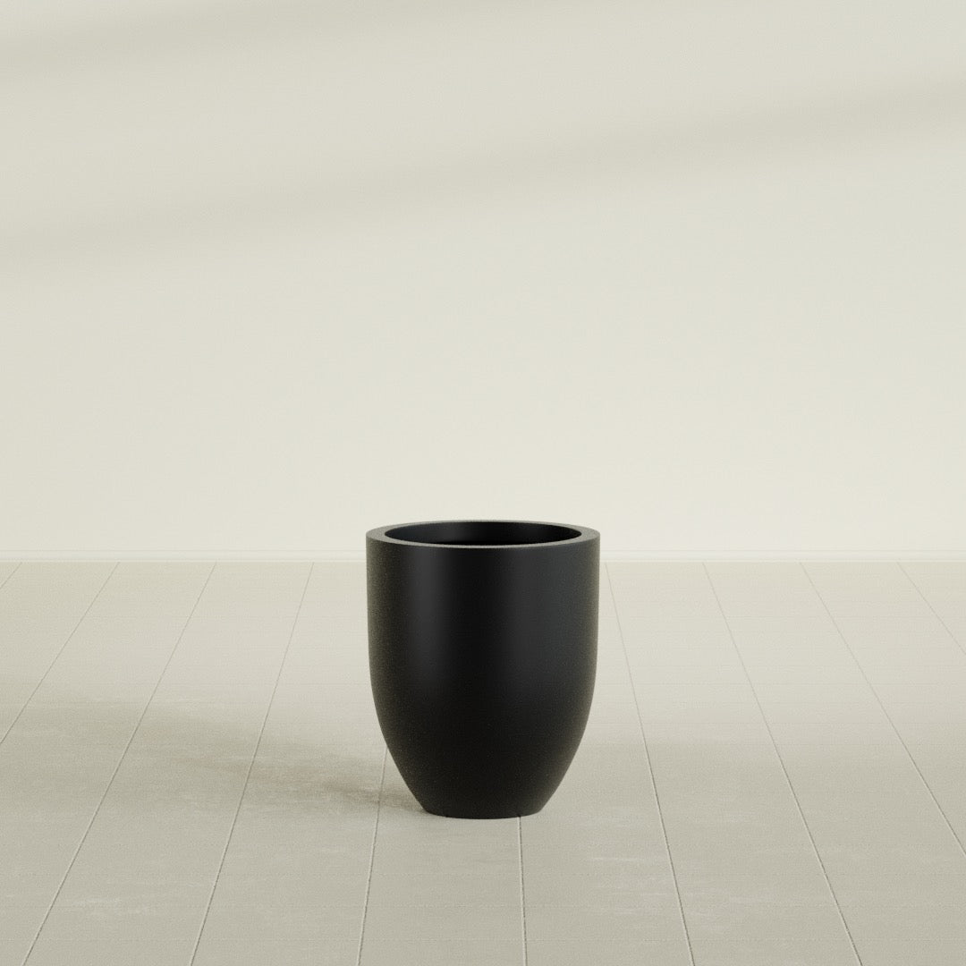 Valencia Tapered Round Planter in Matte Black, 15"D × 18"H, shown empty