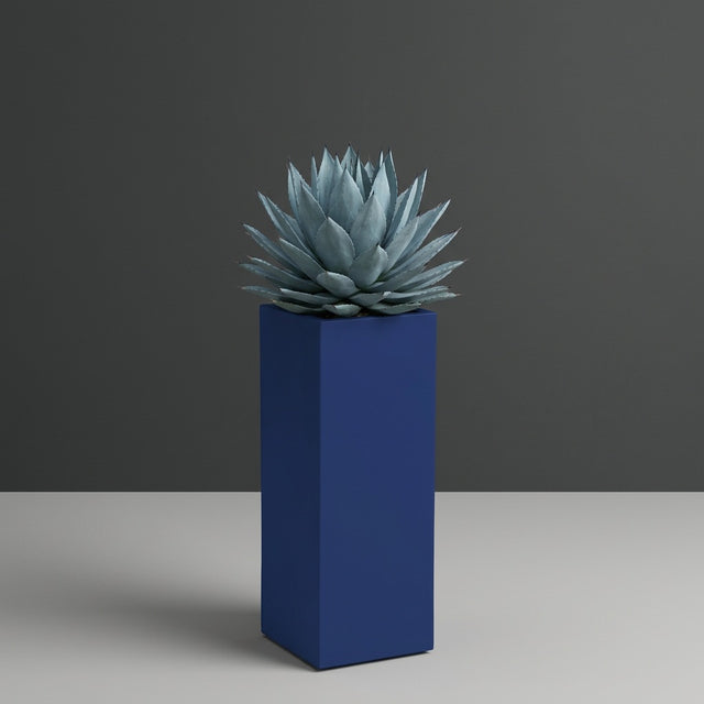 Delray Corner fiberglass planter in Matte Cobalt Blue, planted with blue-grey agave, studio