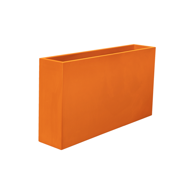 Delray rectangular fiberglass planter in Gloss Saffron, 48 × 12 × 32 in, studio render (shown in Gloss Tangerine; colour approximate)