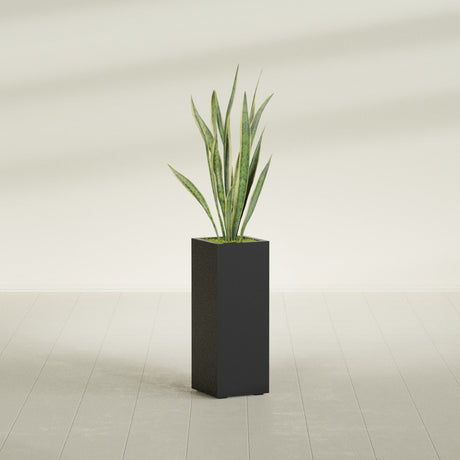 Delray corner fiberglass planter, in a dark finish, planted with an agave
