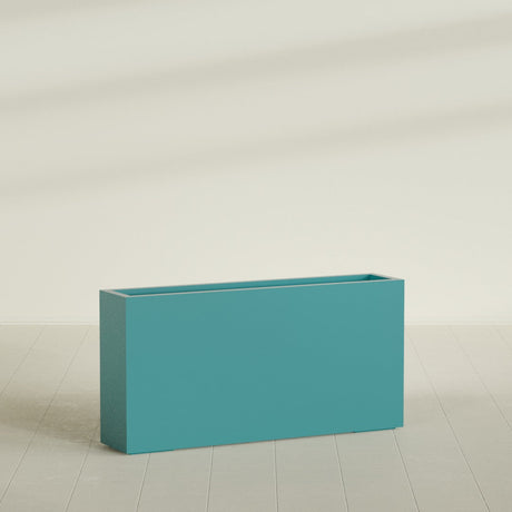 Milano Narrow Rectangular Planter in Satin Seafoam Green, 48"L × 10"D × 24"H, shown empty