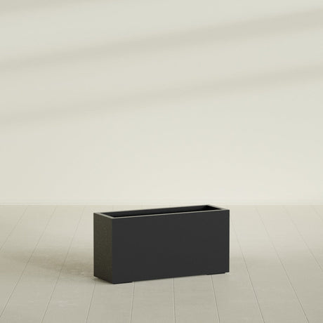 Hollywood Narrow Rectangular Planter in Matte Black, 36"L × 12"D × 24"H, shown empty