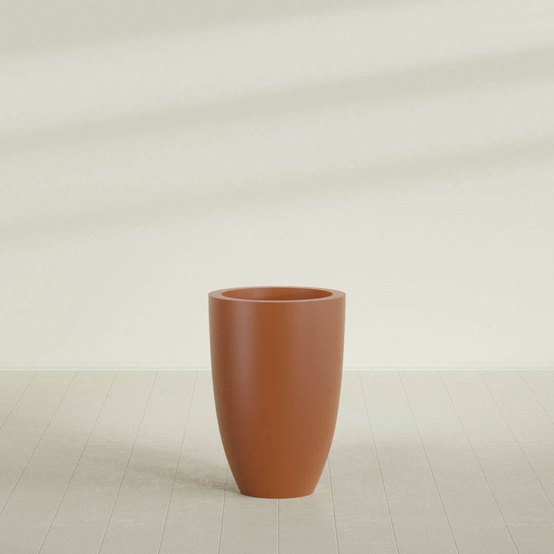 Brannan Tapered Round Planter in Matte Terra Cotta, 24"D × 35"H, shown empty