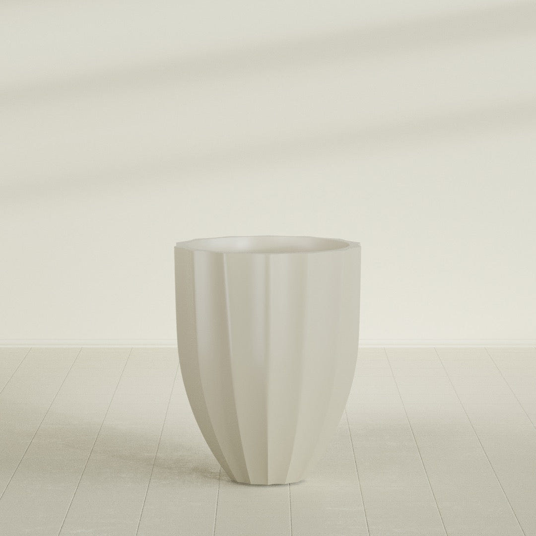 Alicante Fluted Planter in Satin Beige, 26"D × 32"H, shown empty