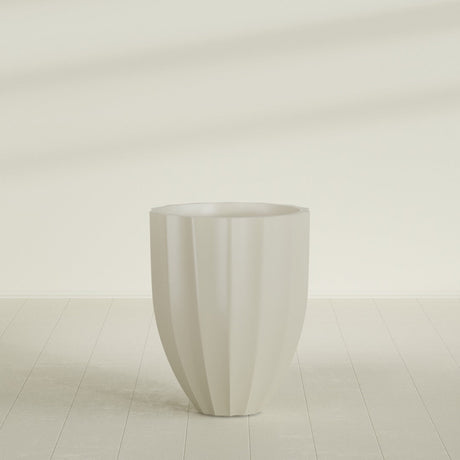 Alicante Fluted Planter in Satin Beige, 26"D × 32"H, shown empty