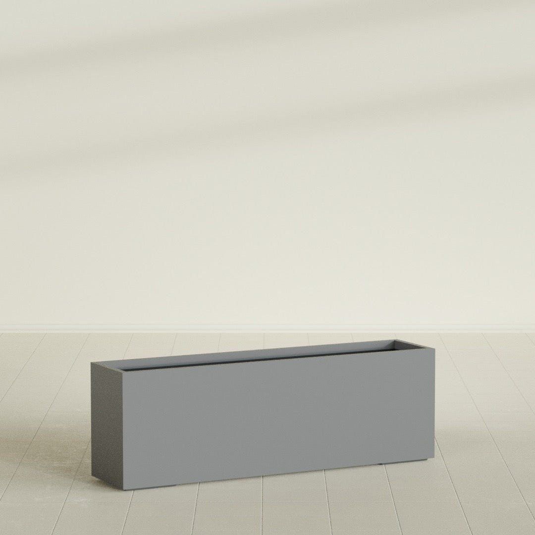 Tolga Rectangular Planter in Matte Gunmetal, 72"L × 16"D × 24"H, shown empty