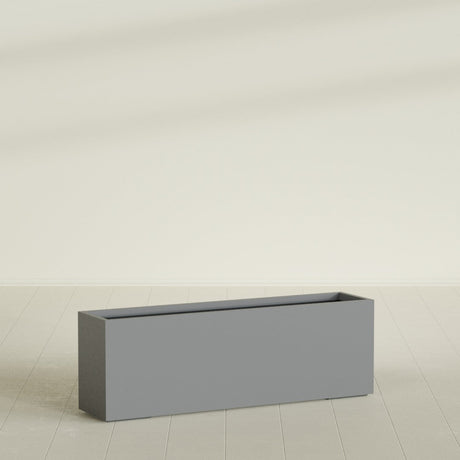 Tolga Rectangular Planter in Matte Gunmetal, 72"L × 16"D × 24"H, shown empty
