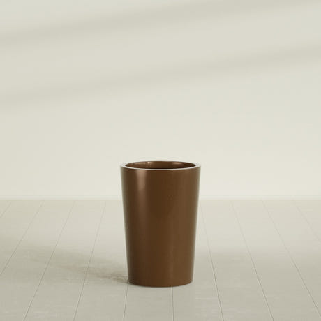 Tegel Round Tapered Planter in Metallic Bronze, 18"D × 26"H, shown empty