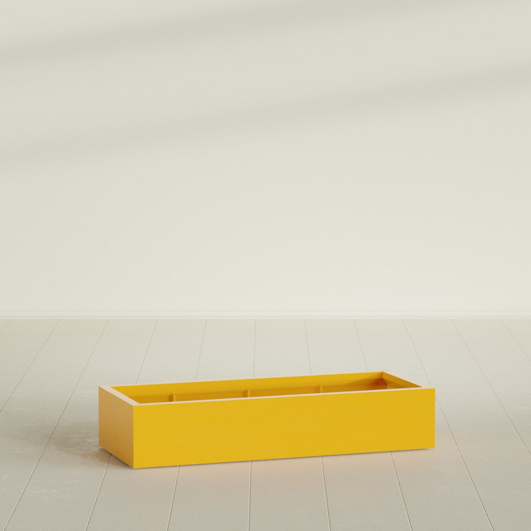 Antwerp Rectangular Planter in Gloss Saffron, 60"L × 24"D × 12"H, shown empty