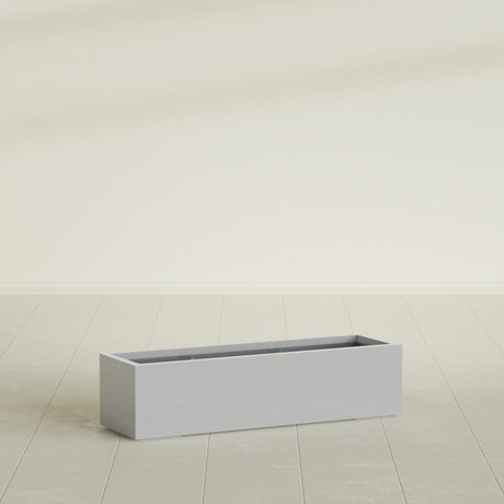 Cuba Low Rectangular Planter in Metallic Silver, 48"L × 14"D × 12"H, shown empty
