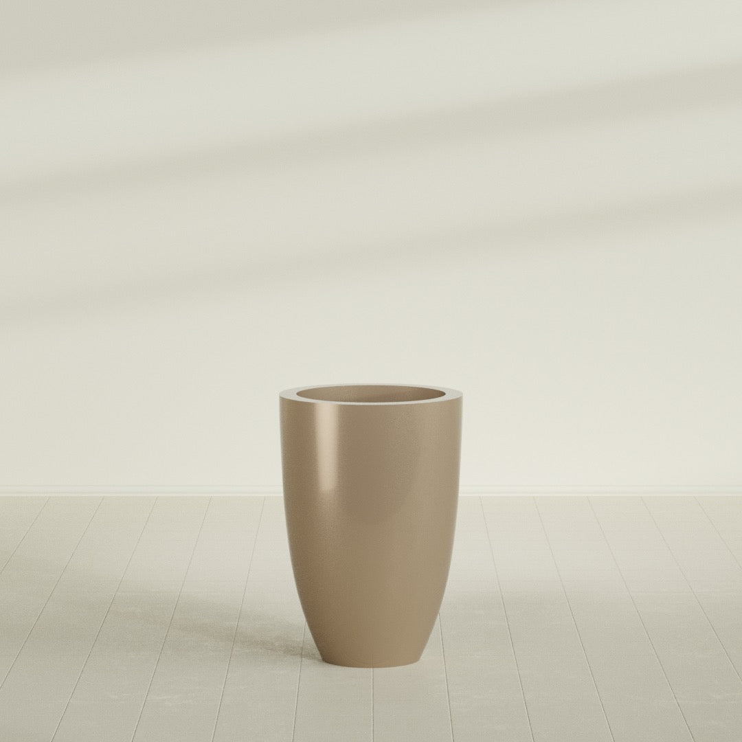 Brannan Tapered Round Planter in Gloss Metallic Gold, 24"D × 35"H, shown empty