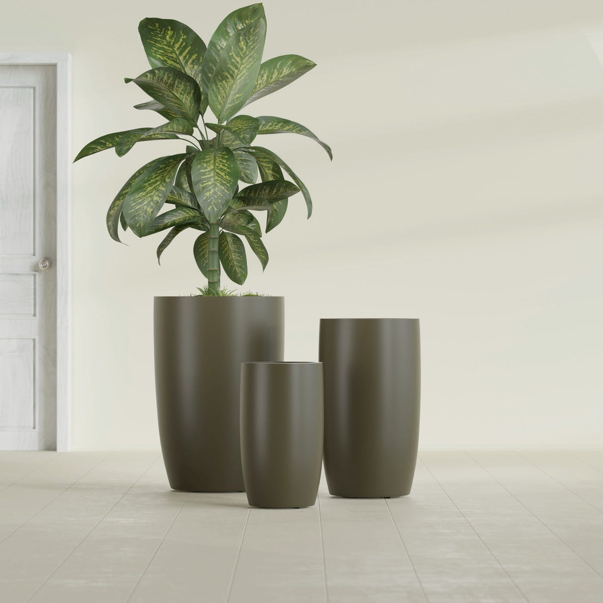 Lisbon Tall Round fiberglass planter in Matte Bronze, size range, in a sunlit interior
