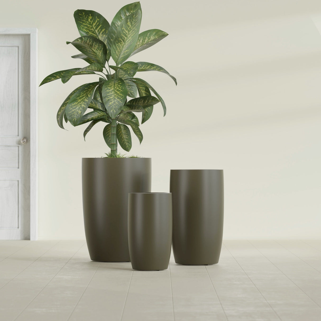 Lisbon Tall Round fiberglass planter in Matte Bronze, size range, in a sunlit interior