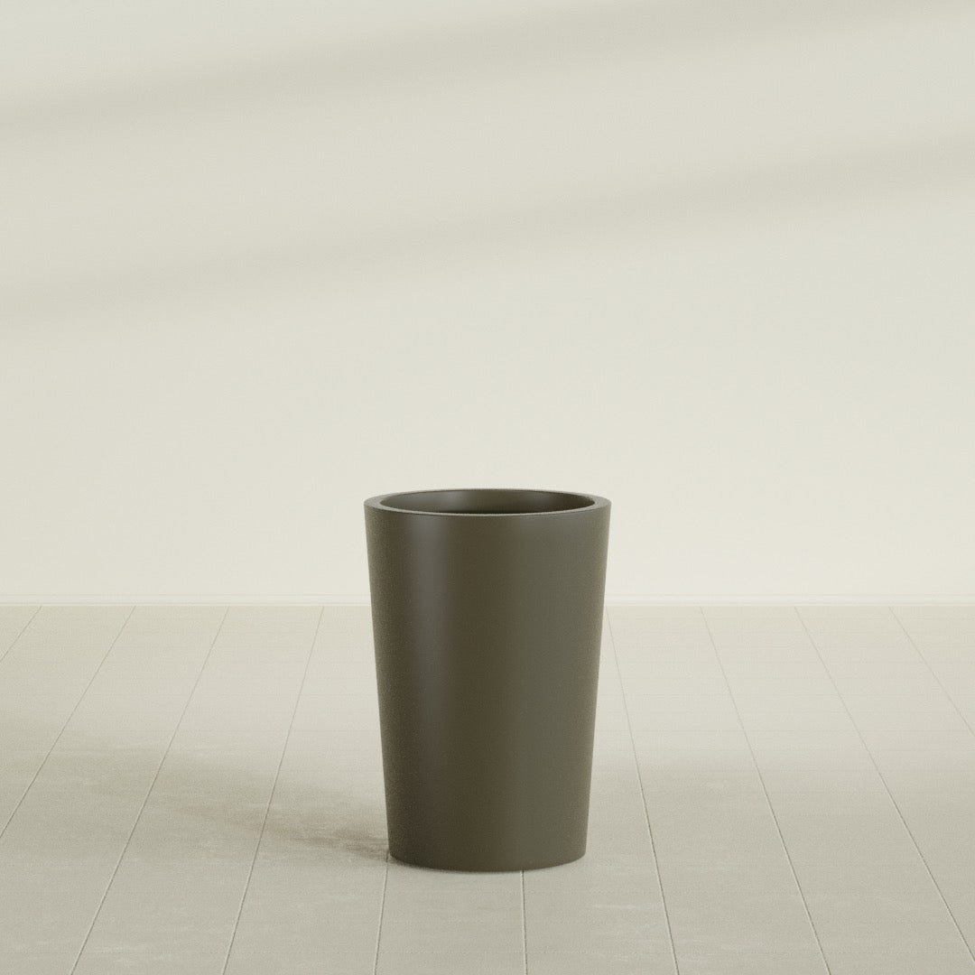Tegel Round Tapered Planter in Matte Bronze, 18"D × 26"H, shown empty